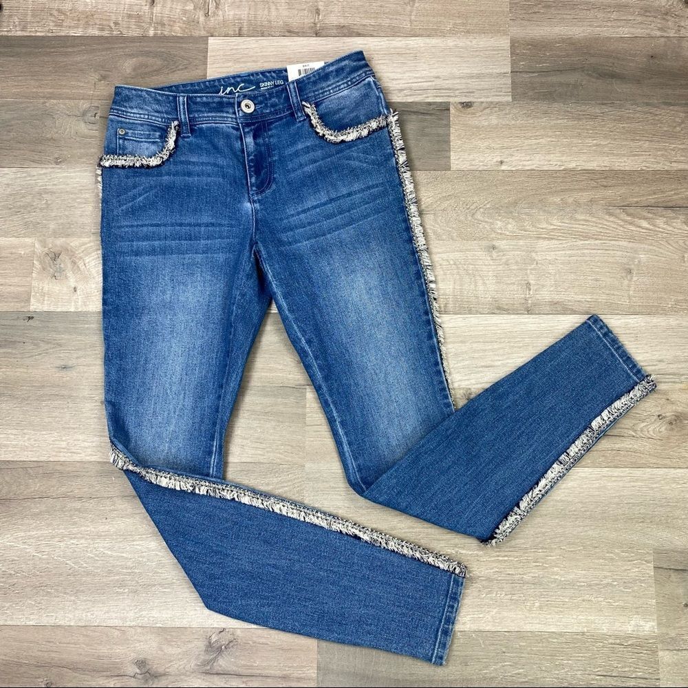 INC International Concepts Jeans Womens 0 Blue Tweed Fringe Trim Mid Rise Skinny